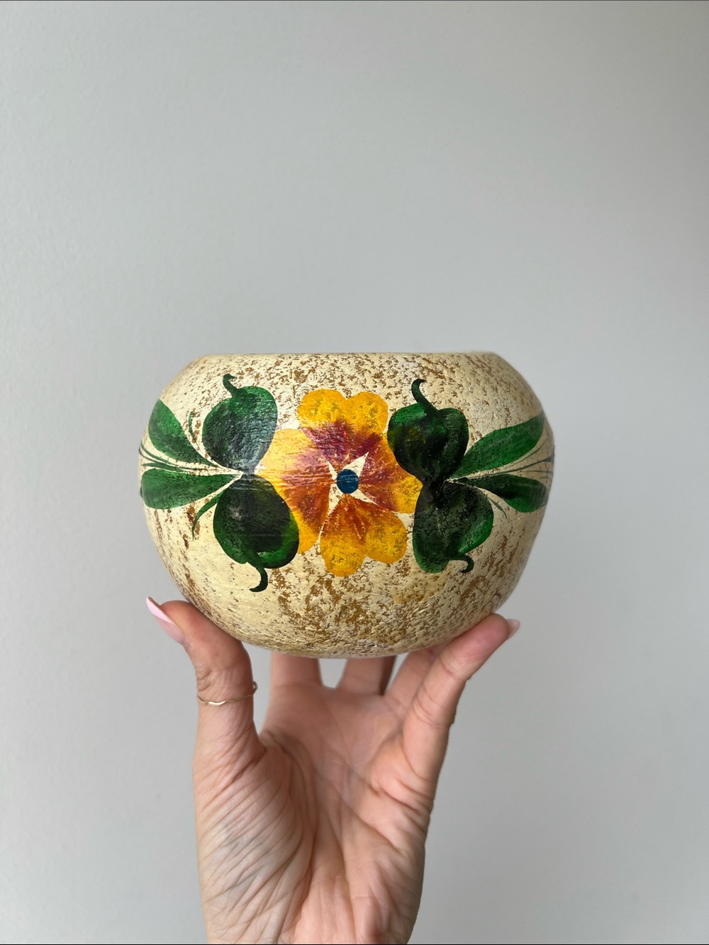 Vintage Mexican Hand Painted Floral Terracotta Planter Pot